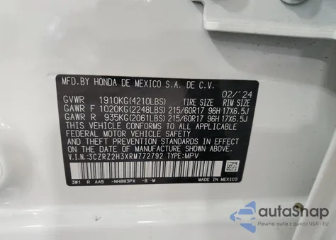 2024 Honda Hr-V Lx from USA, damaged, VIN 3CZRZ2H3XRM772792